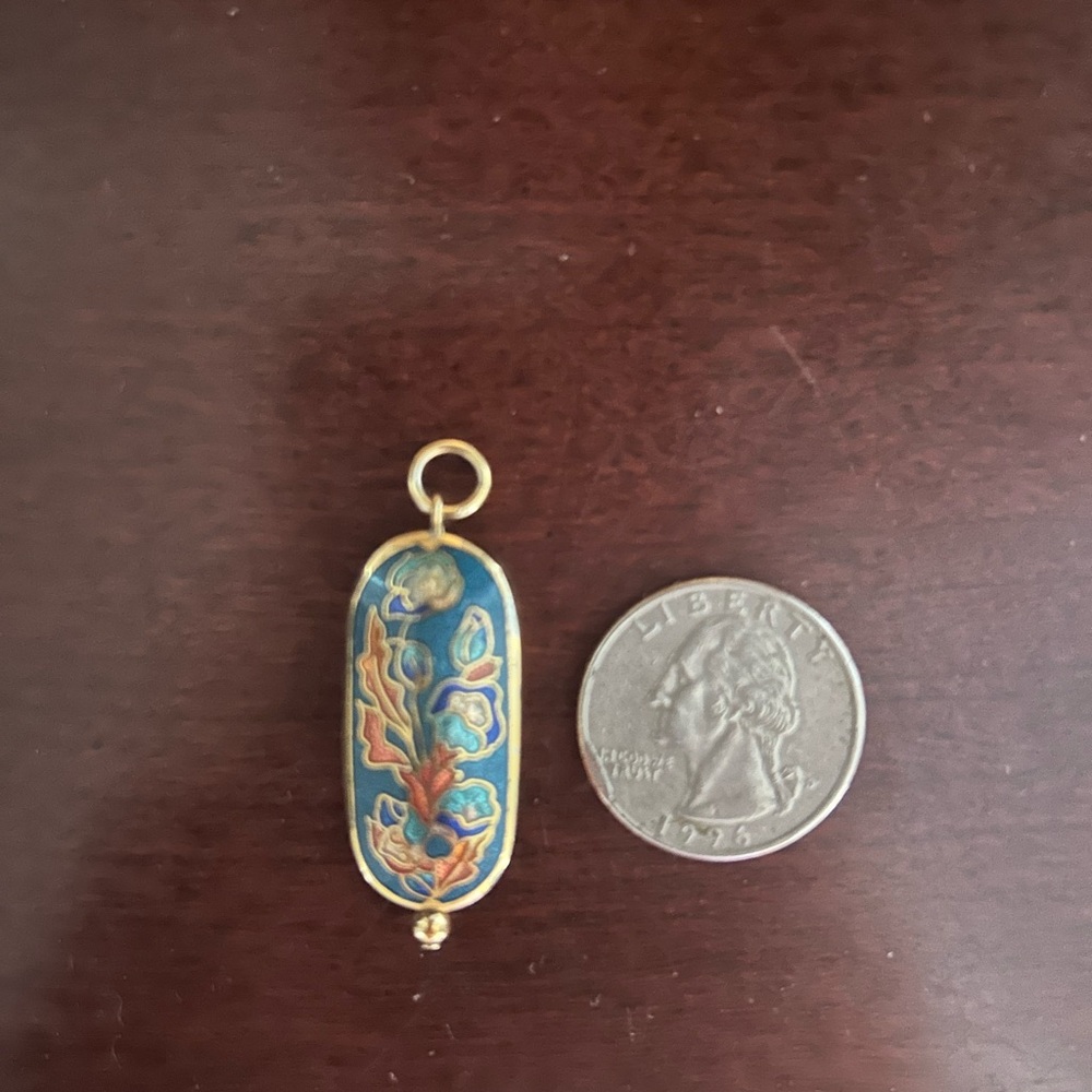 Cloisonné Blue and Gold Oval double sided puffedTurquoise Pendant